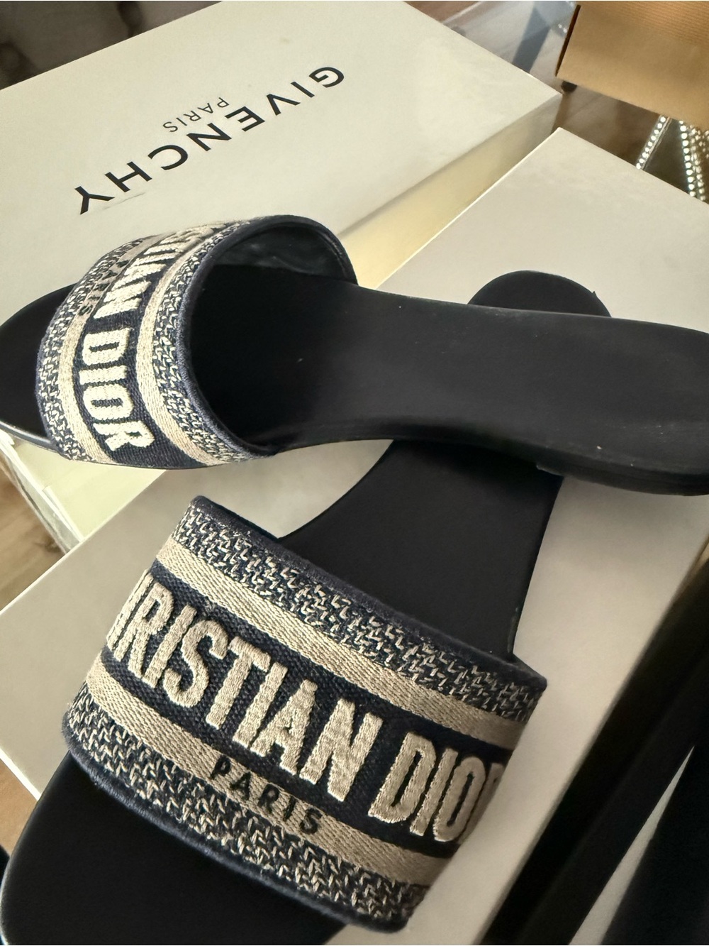 Dior Black and Beige Embroidered Logo Slide Sandals